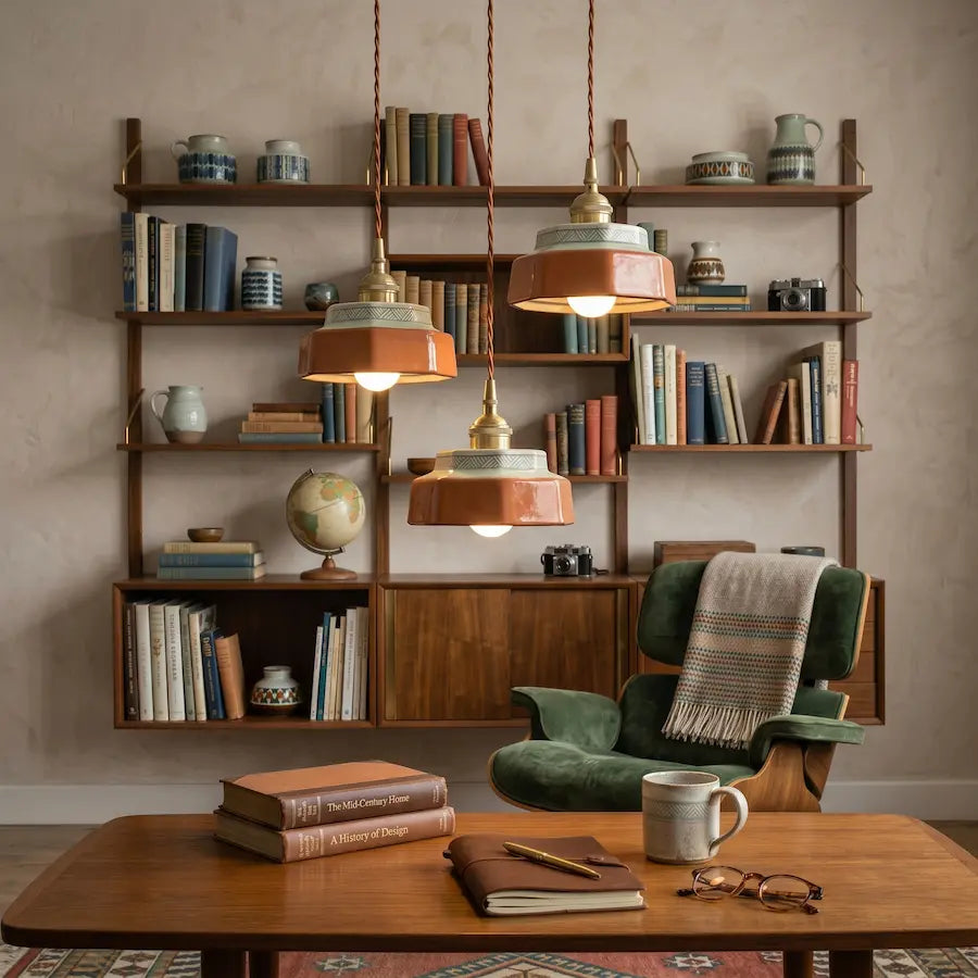 suspension en céramique rouge au style rétro dans bibliothèque