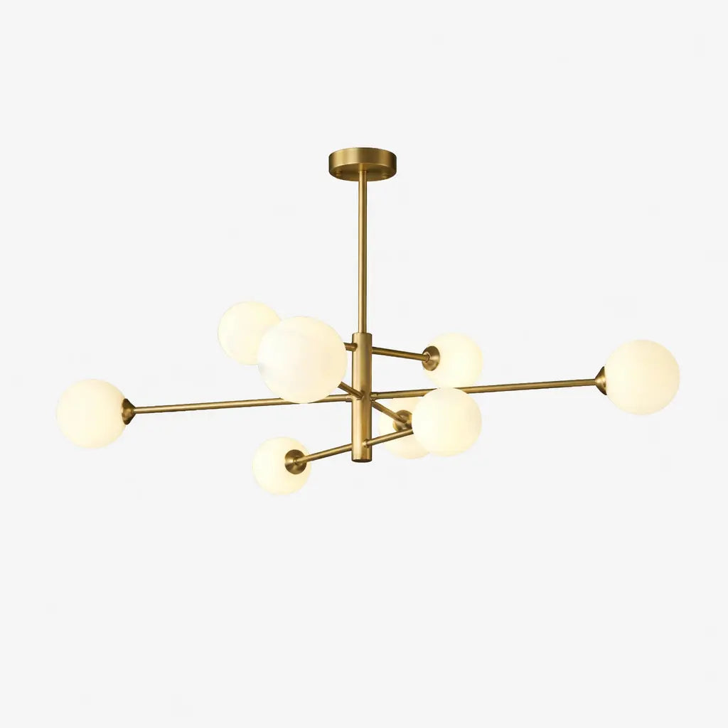 Lustre suspension design doré avec bras asymétriques et globes en verre opalin
