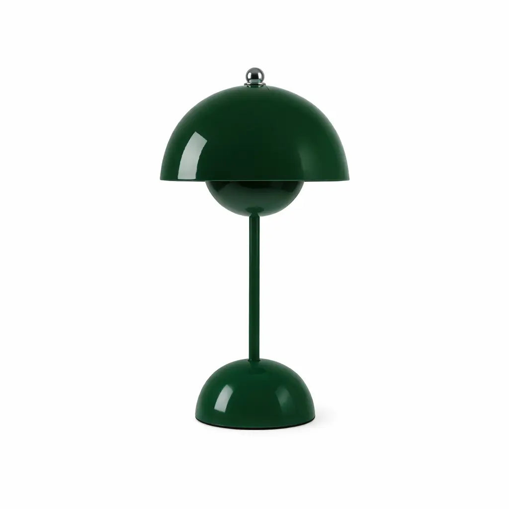 Lampe de table design moderne sans fil LED, métal vert foncé brillant, abat-jour demi-sphère