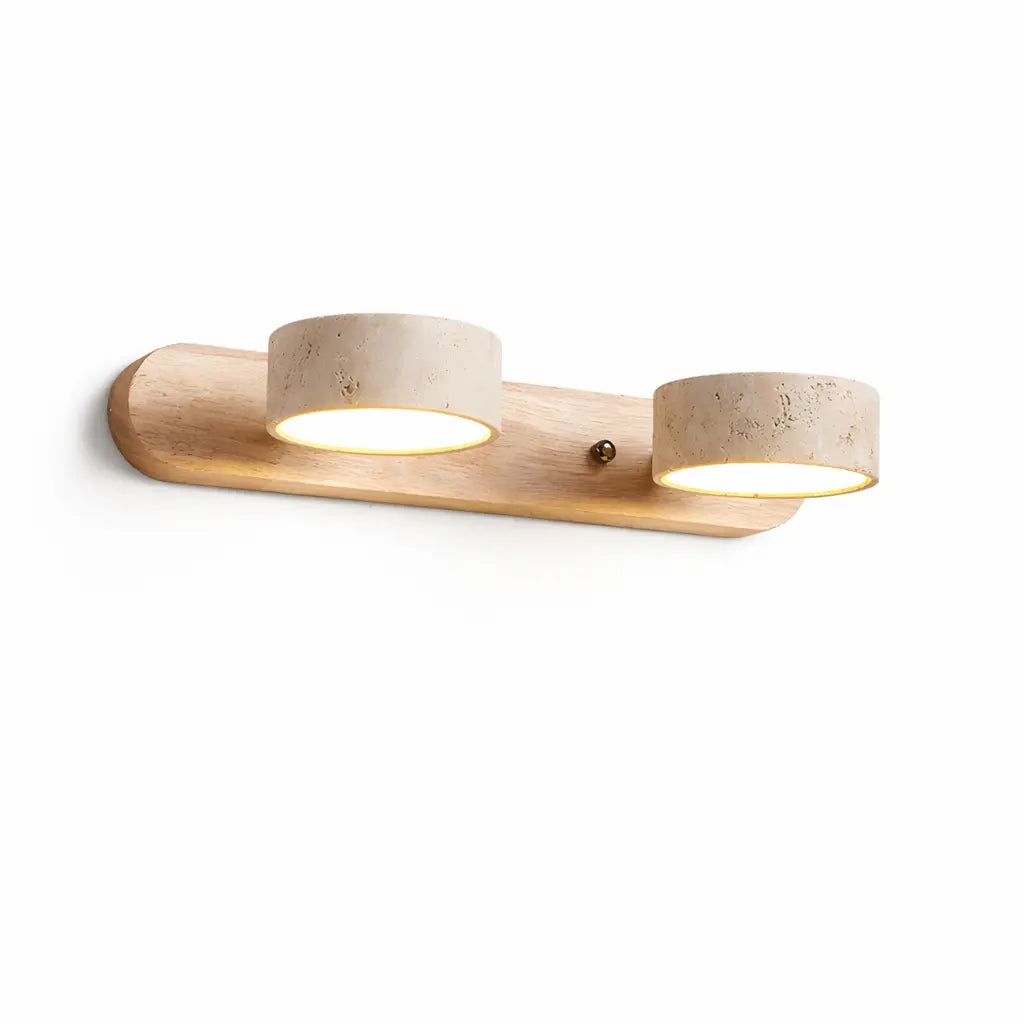Applique murale 2 spots en travertin et bois clair, luminaire LED moderne pour salle de bain
