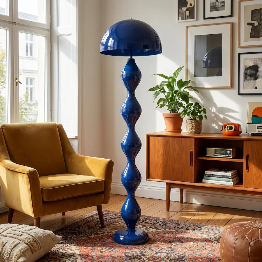 lampadaire de salon scandinave contemporain couleur bleu allumé 