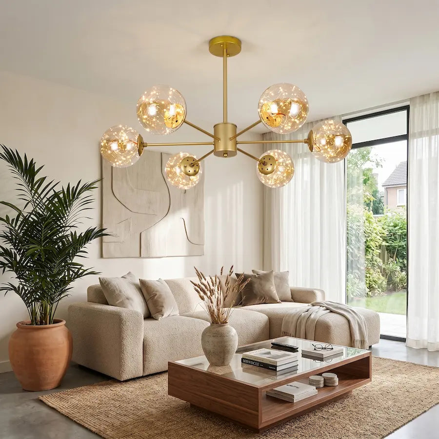 lustre salon style nordique 6 têtes couleur or 