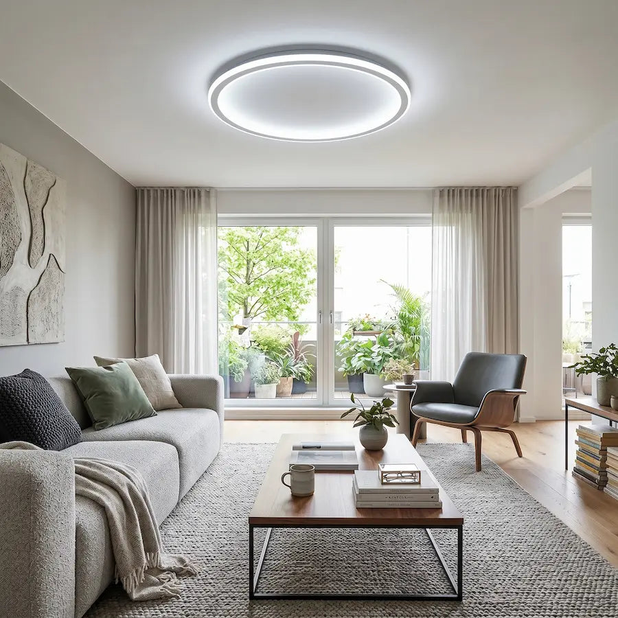 plafonnier rond au style scandinave couleur blanche salon