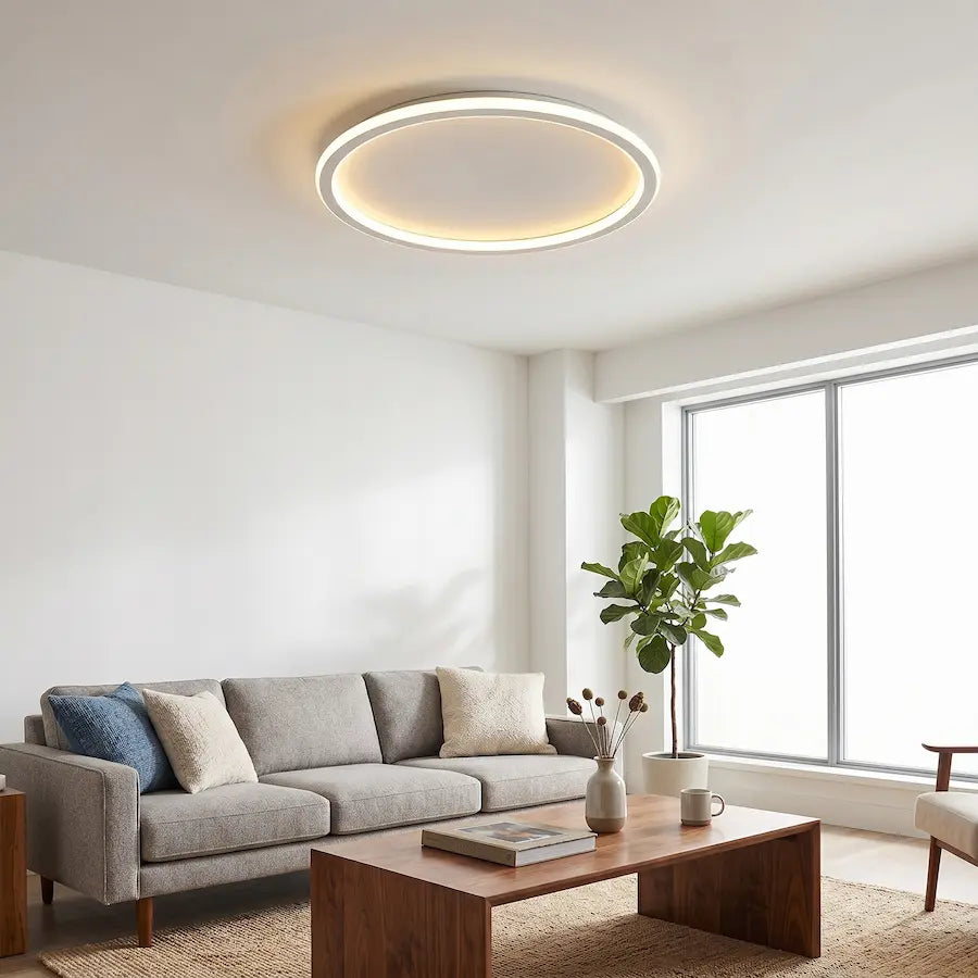 plafonnier rond au style scandinave couleur blanche salon moderne